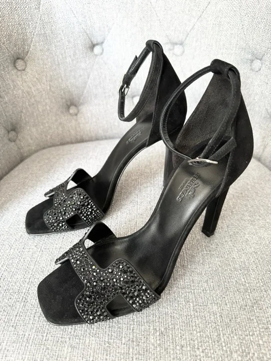 Hermes Joy 105 Noir STRASS Black Suede Leather Ankle Strap Sandals Heels size 38 - Picture 6 of 16